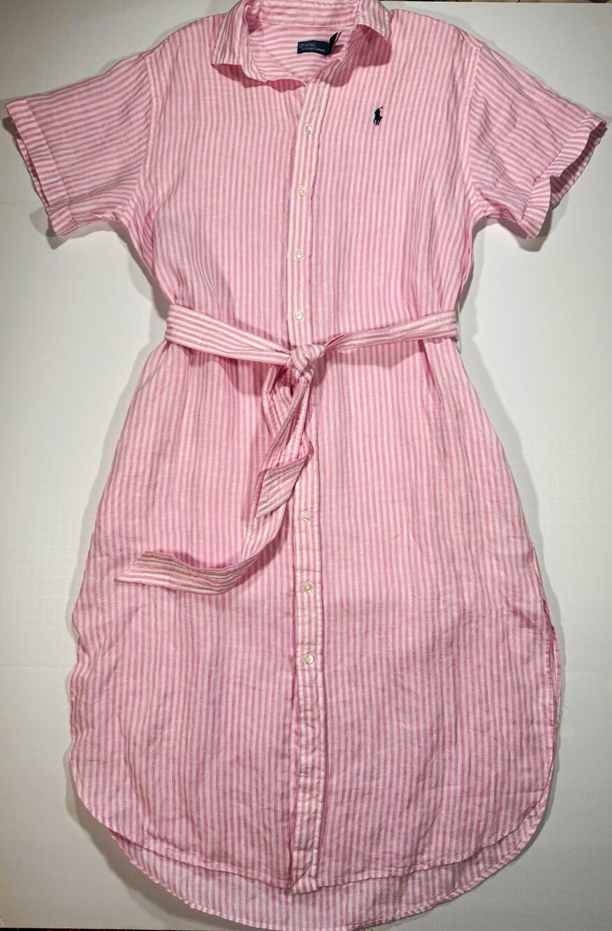Polo Ralph Lauren Pink/White Striped Linen Belted Midi Shirt Dress 4 Preppy